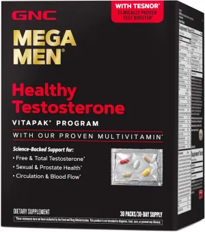 GNC Mega Men Healthy Testosterone Program, Complete Nutrition 4 Products in 1, Boost Free and Total Testosterone, Blood Flow, 30 Daily Packs