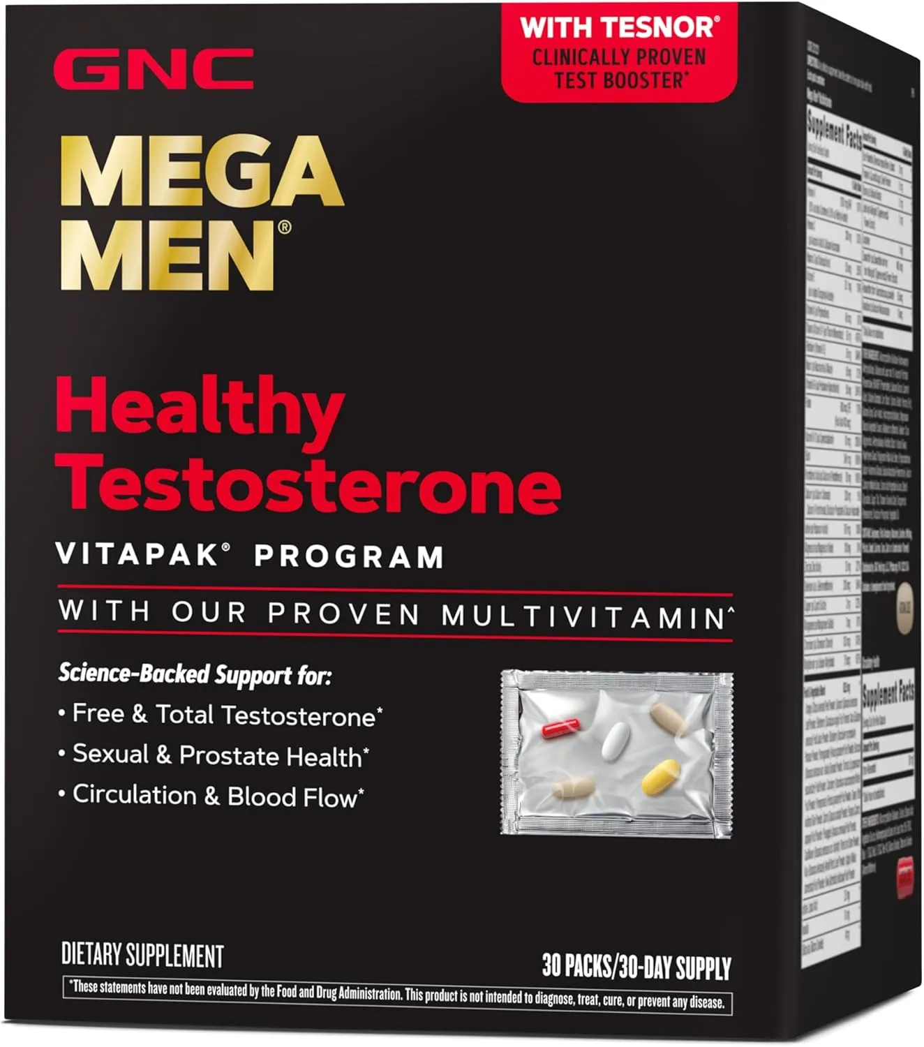 GNC Mega Men Healthy Testosterone Program, Complete Nutrition 4 Products in 1, Boost Free and Total Testosterone, Blood Flow, 30 Daily Packs
