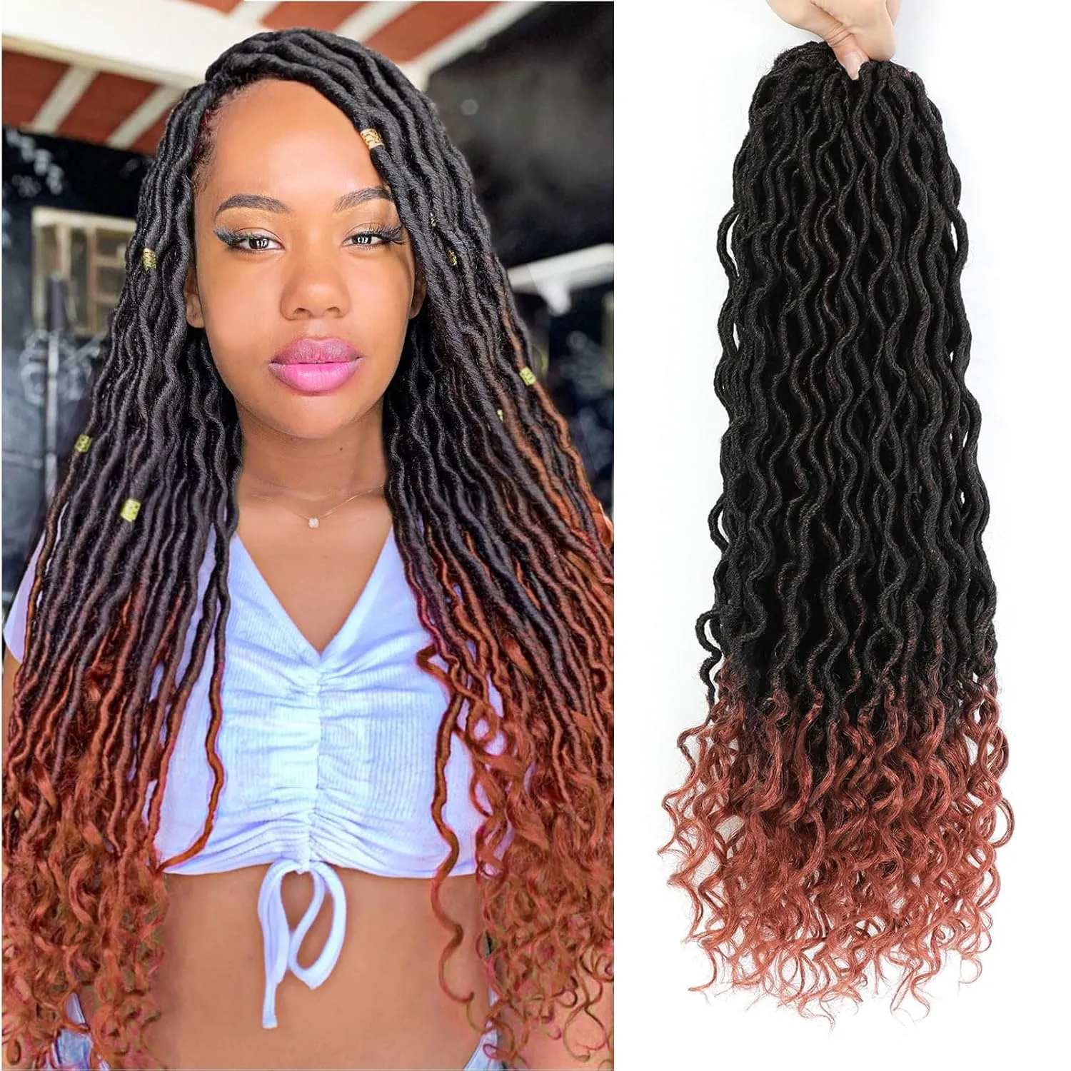 Goddess Locs Crochet Hair 18 Inch 6 Packs Faux Locs Crochet Hair For Black Women Ombre Faux Locs With Curly Ends Prelooped Crochet Hair Extensions(1B/350, 18 Inch, 6 Packs)