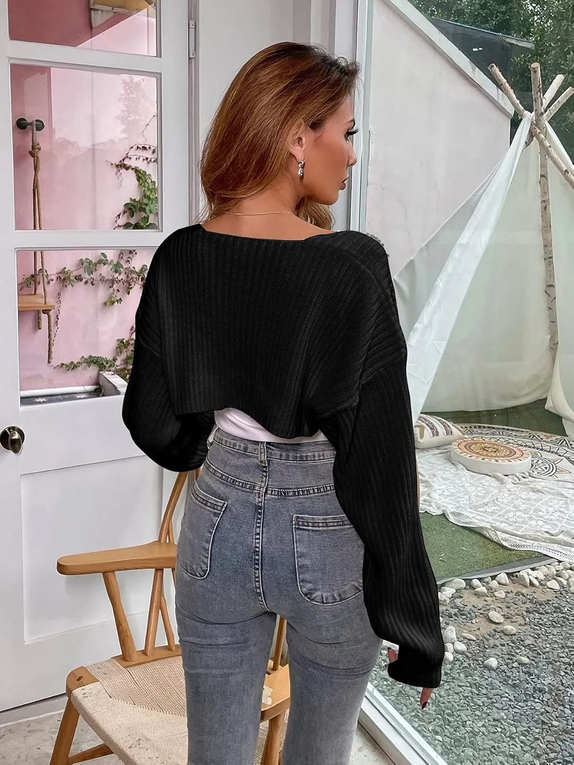 GORGLITTER Women's Long Sleeve Bolero Shrug Crop Cardigan Open Front Drop Shoulder Knit Sweater