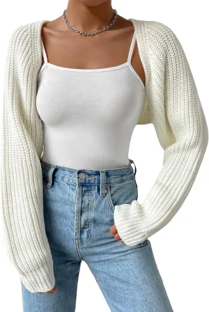 GORGLITTER Women's Long Sleeve Bolero Shrug Crop Cardigan Open Front Drop Shoulder Knit Sweater