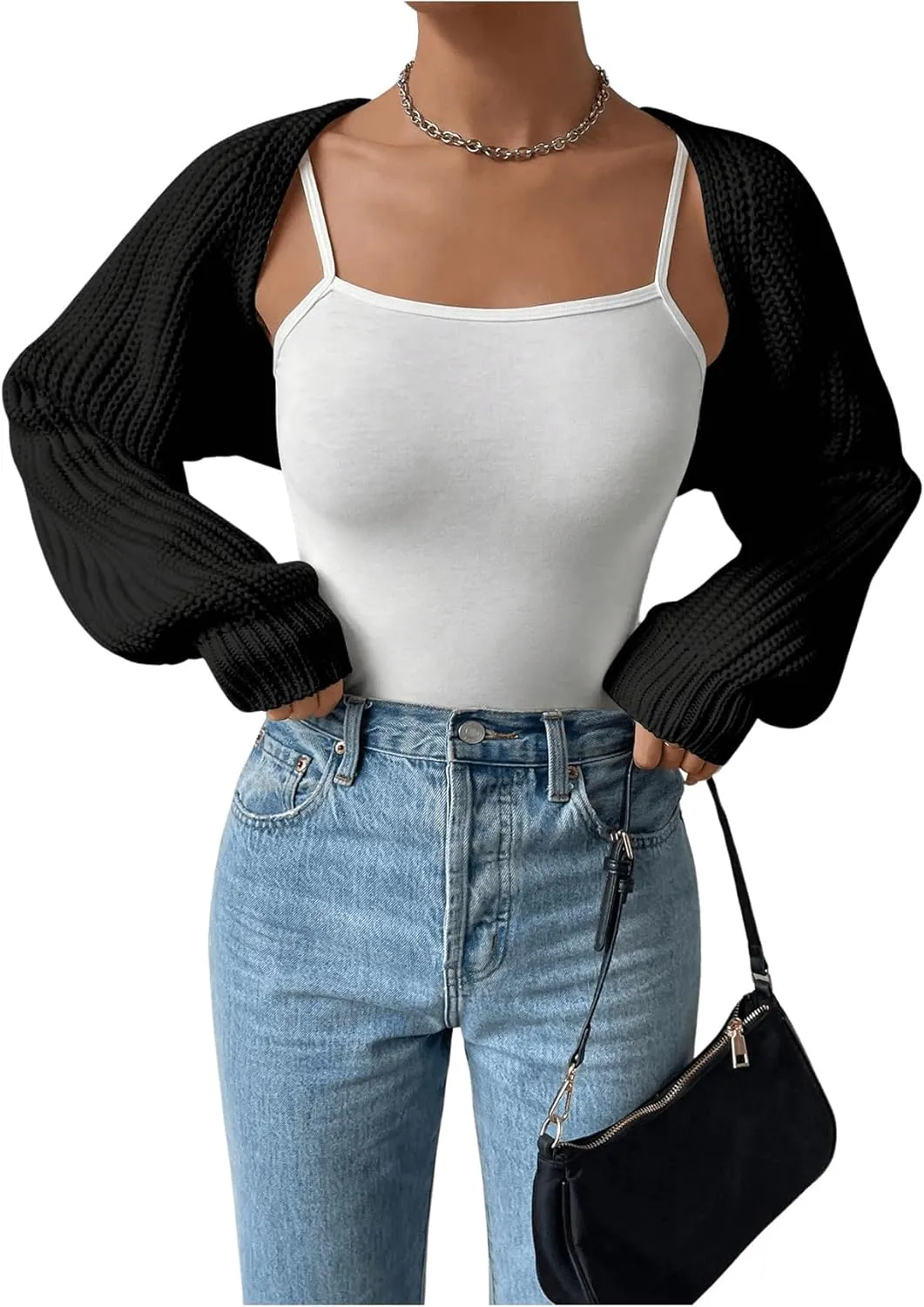 GORGLITTER Women's Long Sleeve Bolero Shrug Crop Cardigan Open Front Drop Shoulder Knit Sweater
