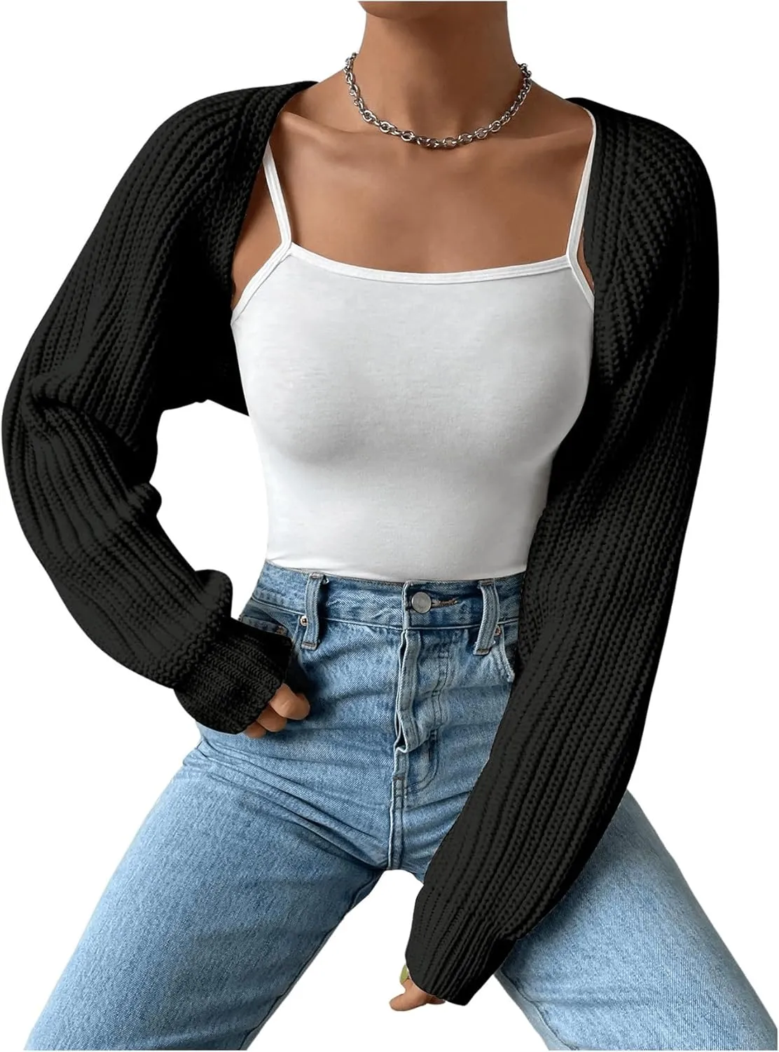 GORGLITTER Women's Long Sleeve Bolero Shrug Crop Cardigan Open Front Drop Shoulder Knit Sweater
