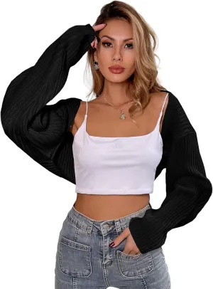 GORGLITTER Women's Long Sleeve Bolero Shrug Crop Cardigan Open Front Drop Shoulder Knit Sweater