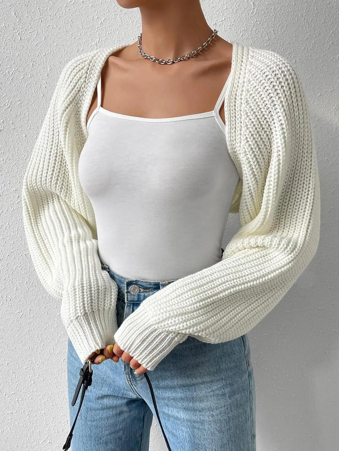 GORGLITTER Women's Long Sleeve Bolero Shrug Crop Cardigan Open Front Drop Shoulder Knit Sweater