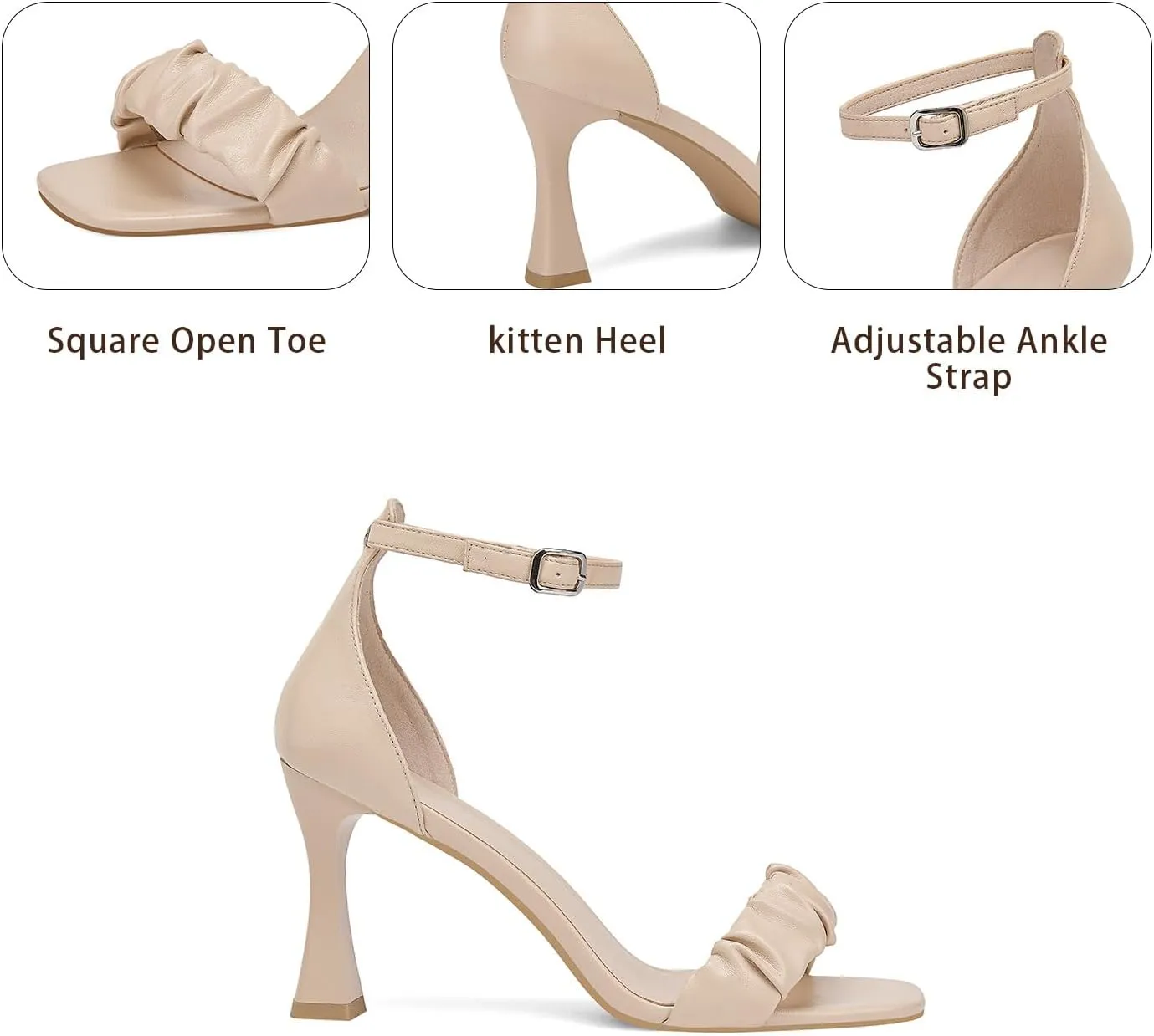 GOSERCE Black Heeled Sandals for Women Dressy Stiletto Open Square Toe Nude Ankle Strap Sandals Ladies High Heels Dress Wedding Bridal Shoes