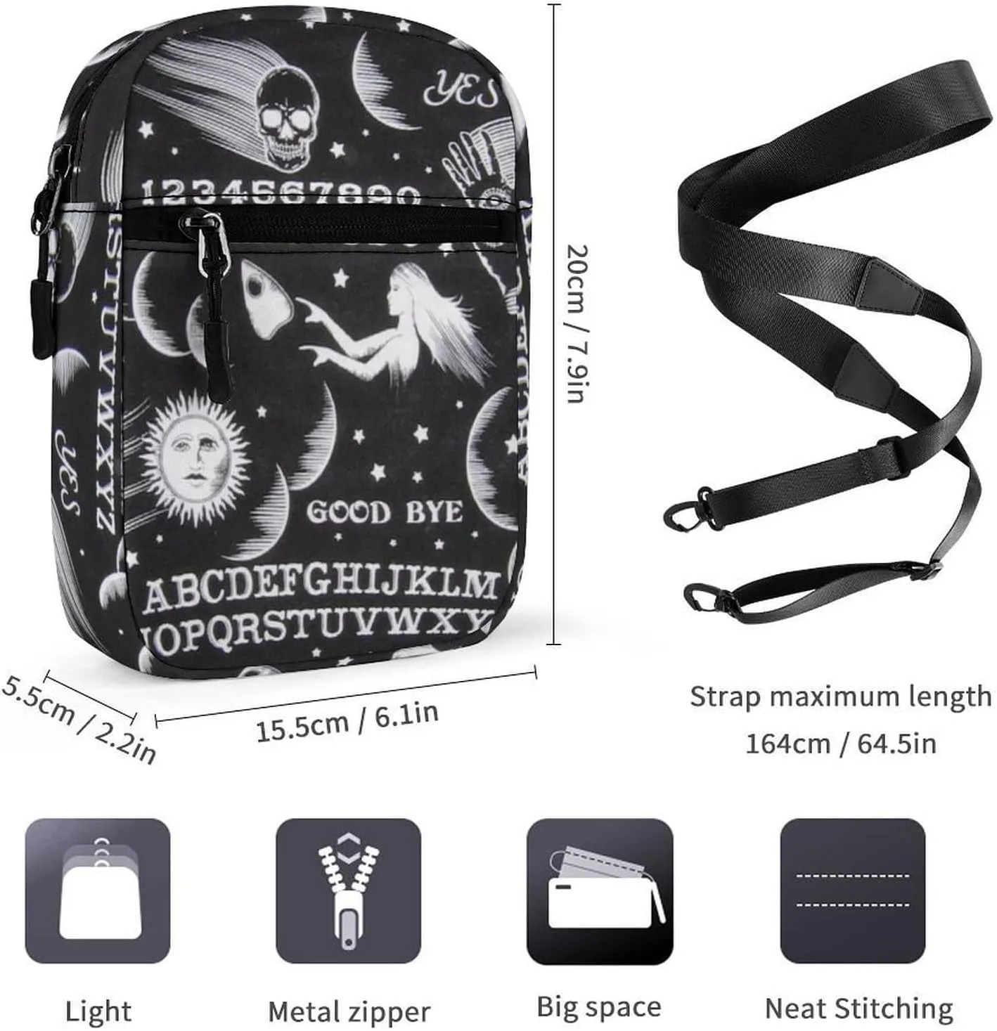 Gothic Witch Black Crossbody Bag Small Shoulder Bag Waterproof, Lightweight And Convenient