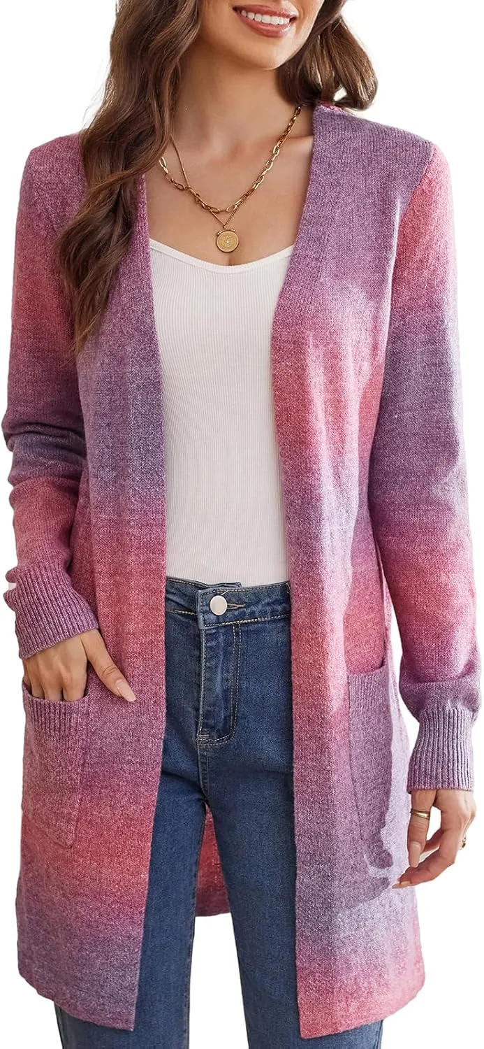 GRACE KARIN Womens Rainbow Sweater Open Front Lavender Haze Outfit Long Sleeve Cardigan with Pockets
