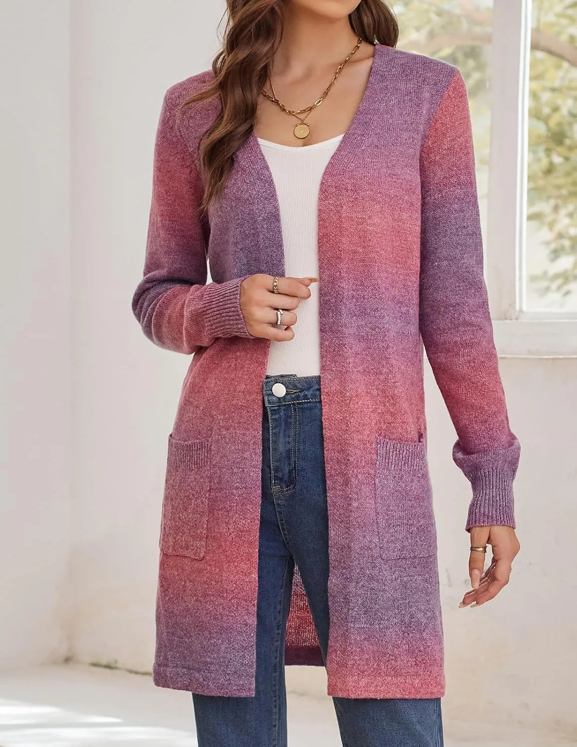 GRACE KARIN Womens Rainbow Sweater Open Front Lavender Haze Outfit Long Sleeve Cardigan with Pockets