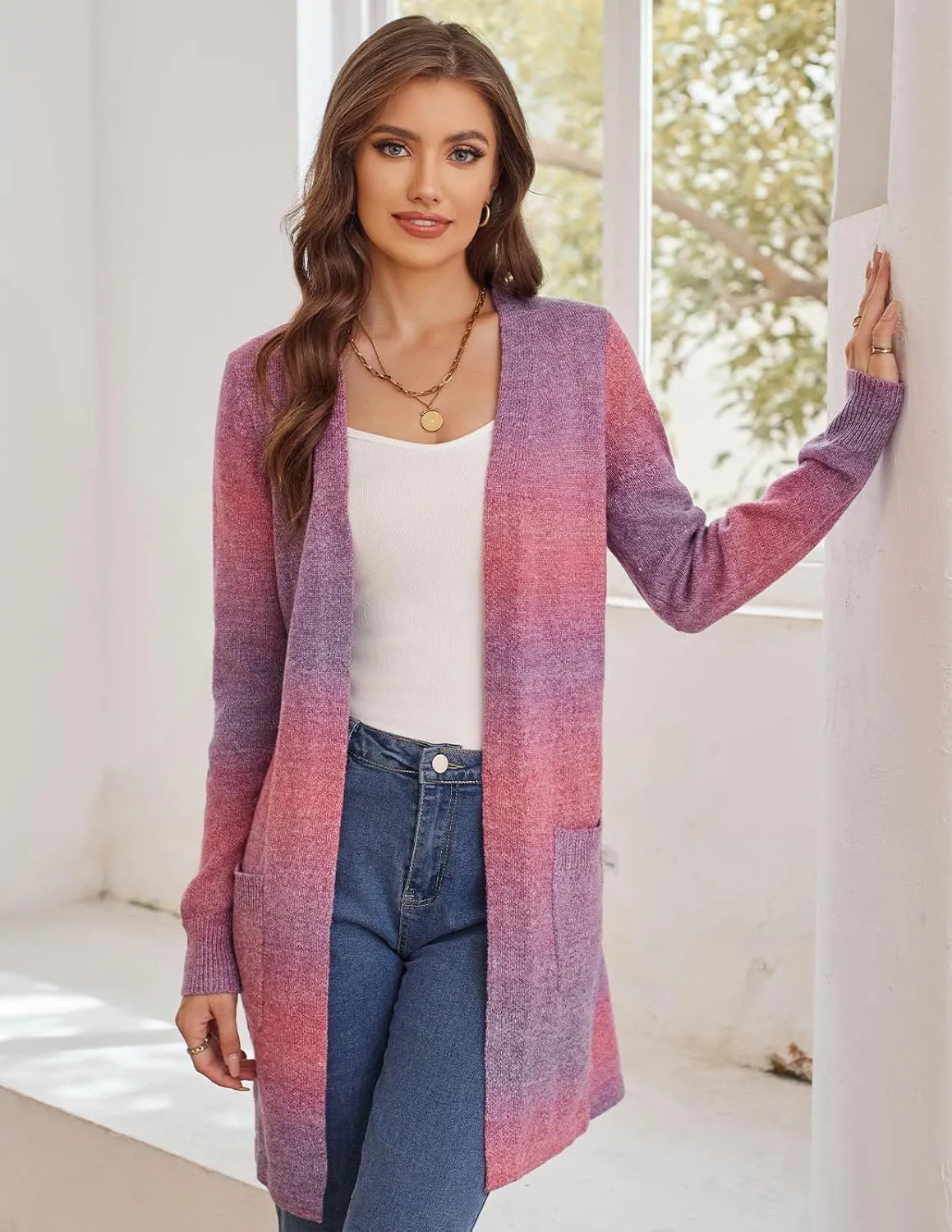 GRACE KARIN Womens Rainbow Sweater Open Front Lavender Haze Outfit Long Sleeve Cardigan with Pockets
