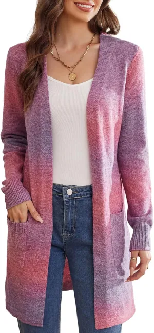GRACE KARIN Womens Rainbow Sweater Open Front Lavender Haze Outfit Long Sleeve Cardigan with Pockets