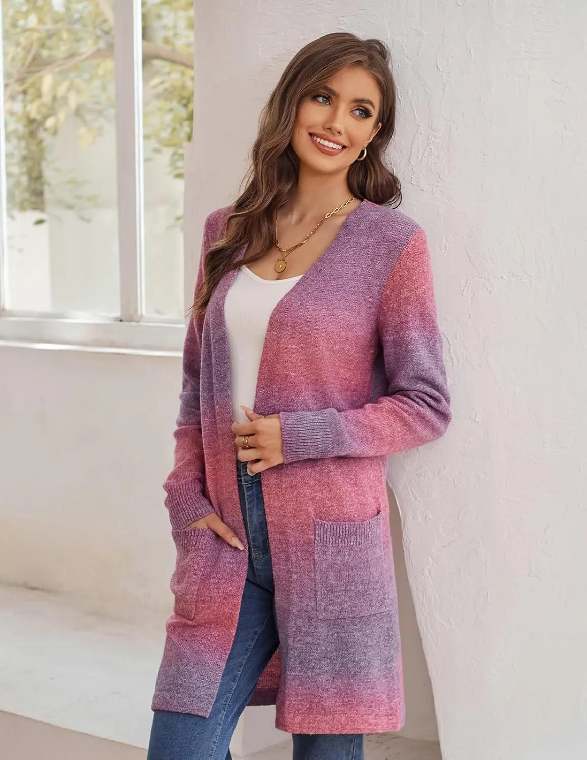 GRACE KARIN Womens Rainbow Sweater Open Front Lavender Haze Outfit Long Sleeve Cardigan with Pockets
