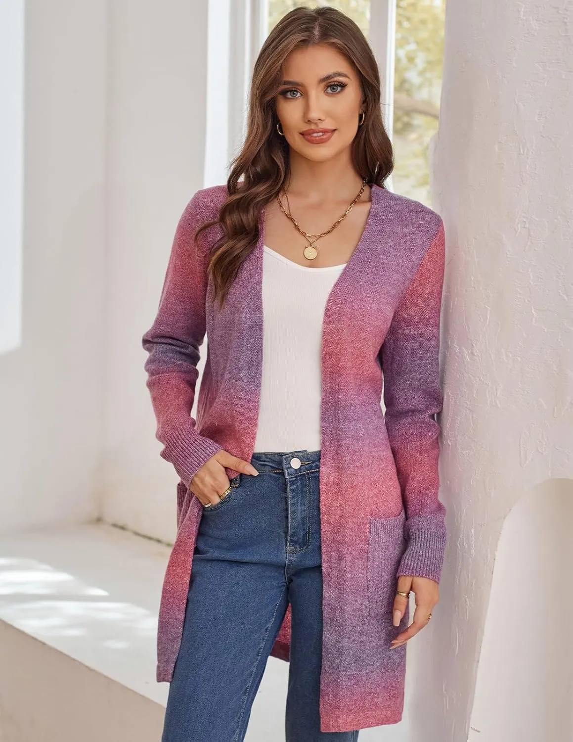 GRACE KARIN Womens Rainbow Sweater Open Front Lavender Haze Outfit Long Sleeve Cardigan with Pockets