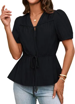 GRACE KARIN Womens Summer Tops V Neck Short Sleeve Tie Front Blouses Peplum Babydoll Top