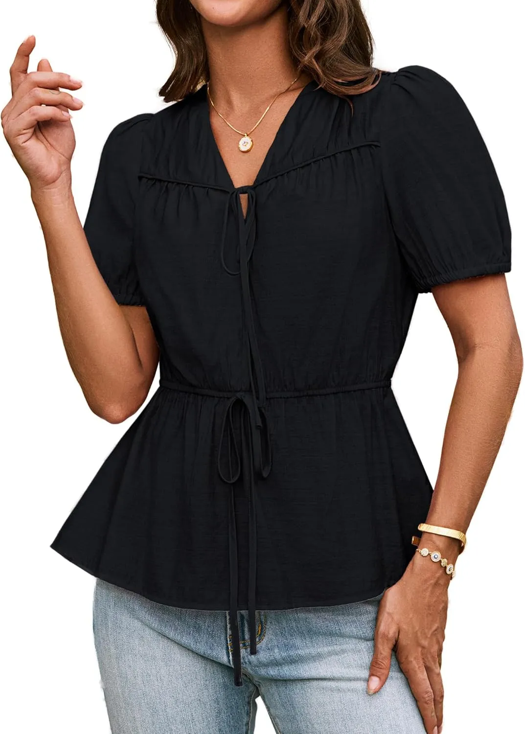 GRACE KARIN Womens Summer Tops V Neck Short Sleeve Tie Front Blouses Peplum Babydoll Top