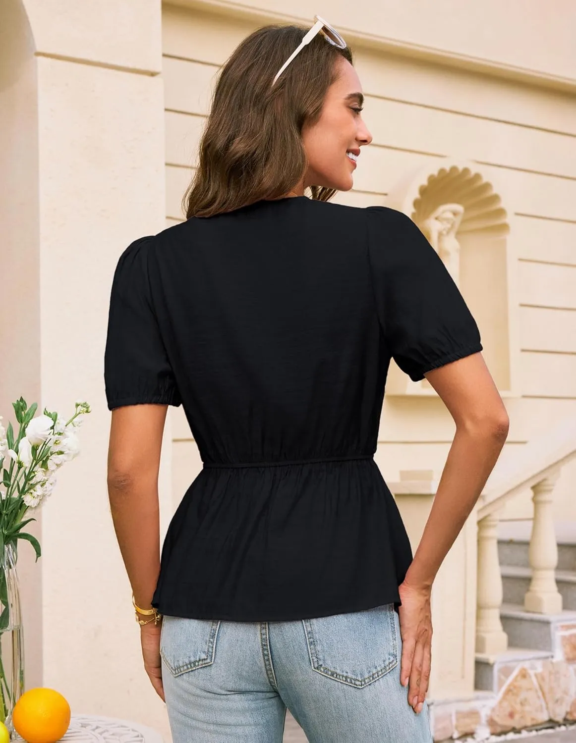 GRACE KARIN Womens Summer Tops V Neck Short Sleeve Tie Front Blouses Peplum Babydoll Top