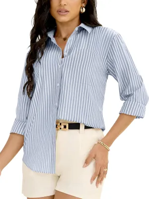 Grade 3.5 Wrinkle-Resistant Womens Vertical Striped Button Down Shirts Long Sleeve Dress Shirt Office Work Blouse