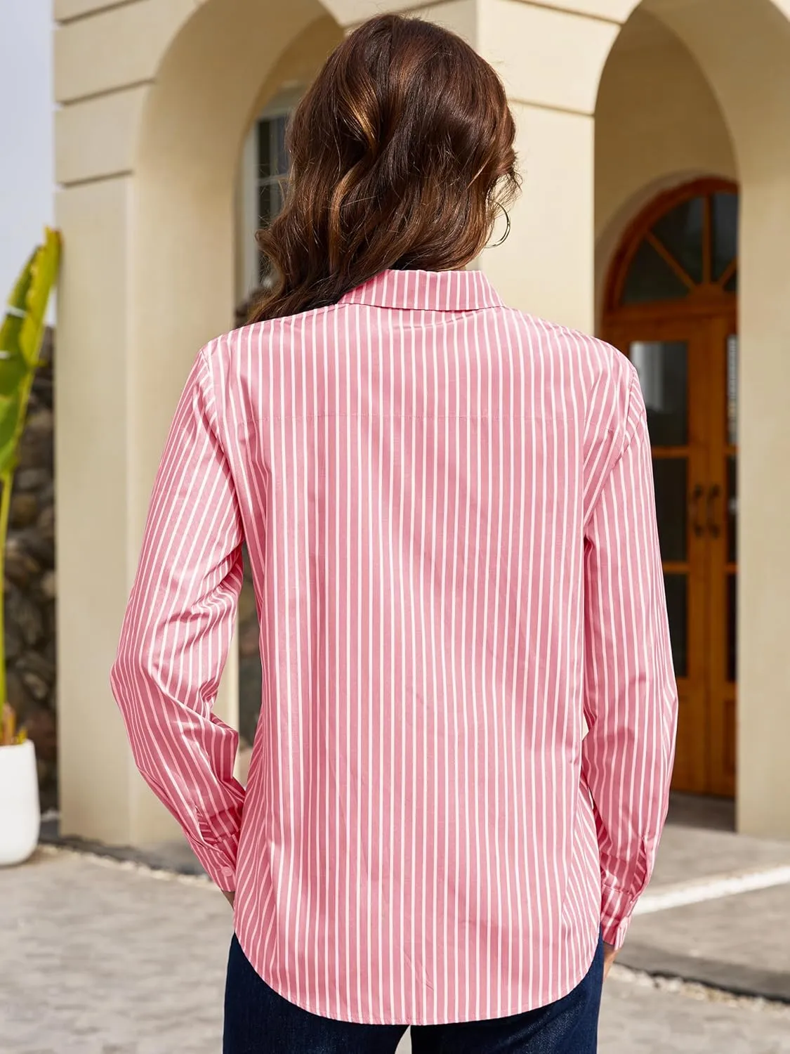 Grade 3.5 Wrinkle-Resistant Womens Vertical Striped Button Down Shirts Long Sleeve Dress Shirt Office Work Blouse