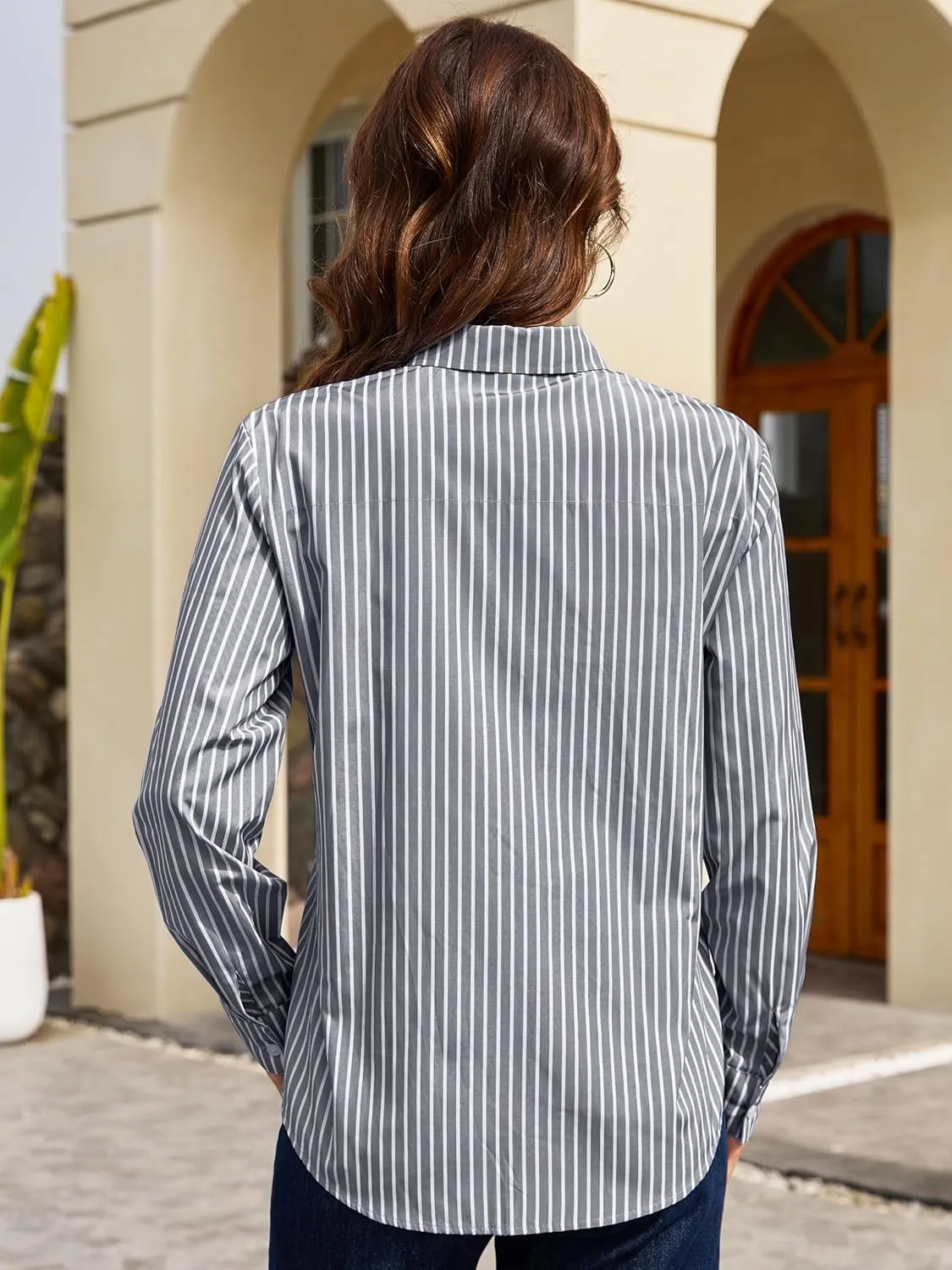 Grade 3.5 Wrinkle-Resistant Womens Vertical Striped Button Down Shirts Long Sleeve Dress Shirt Office Work Blouse