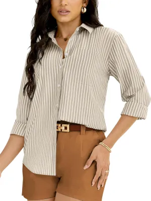 Grade 3.5 Wrinkle-Resistant Womens Vertical Striped Button Down Shirts Long Sleeve Dress Shirt Office Work Blouse