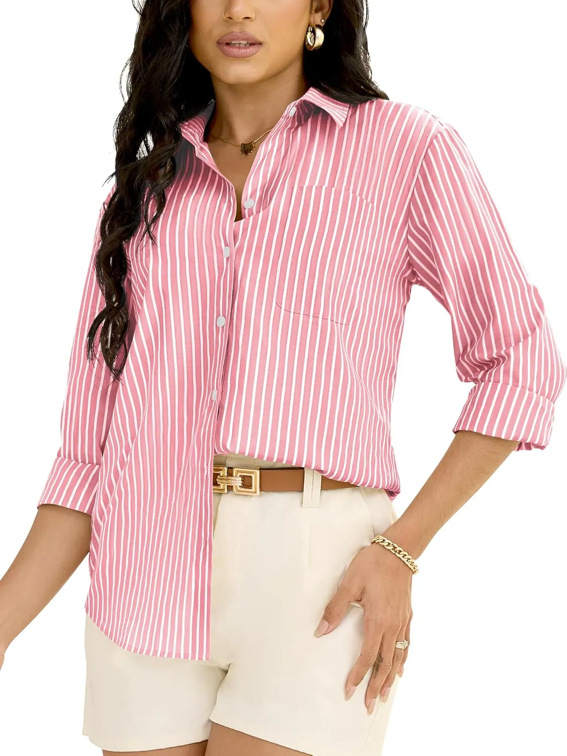 Grade 3.5 Wrinkle-Resistant Womens Vertical Striped Button Down Shirts Long Sleeve Dress Shirt Office Work Blouse