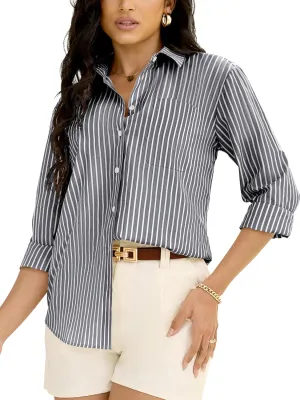 Grade 3.5 Wrinkle-Resistant Womens Vertical Striped Button Down Shirts Long Sleeve Dress Shirt Office Work Blouse