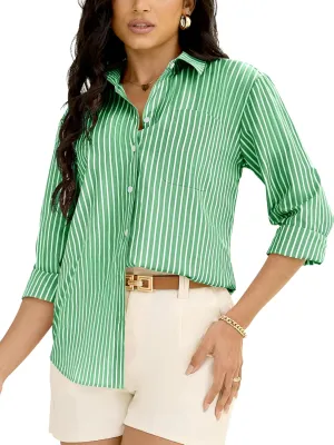 Grade 3.5 Wrinkle-Resistant Womens Vertical Striped Button Down Shirts Long Sleeve Dress Shirt Office Work Blouse