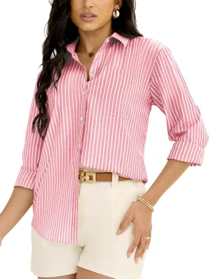 Grade 3.5 Wrinkle-Resistant Womens Vertical Striped Button Down Shirts Long Sleeve Dress Shirt Office Work Blouse