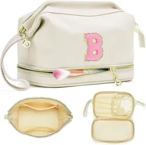 Graduation Gifts, Initial Makeup Bag, Double Layer Cosmetic Bag, Large Capacity Portable Travel Toiletry Bag, Waterproof Make Up Bag, Personalized Gifts for Teen Girls Bridesmaid Friends-B