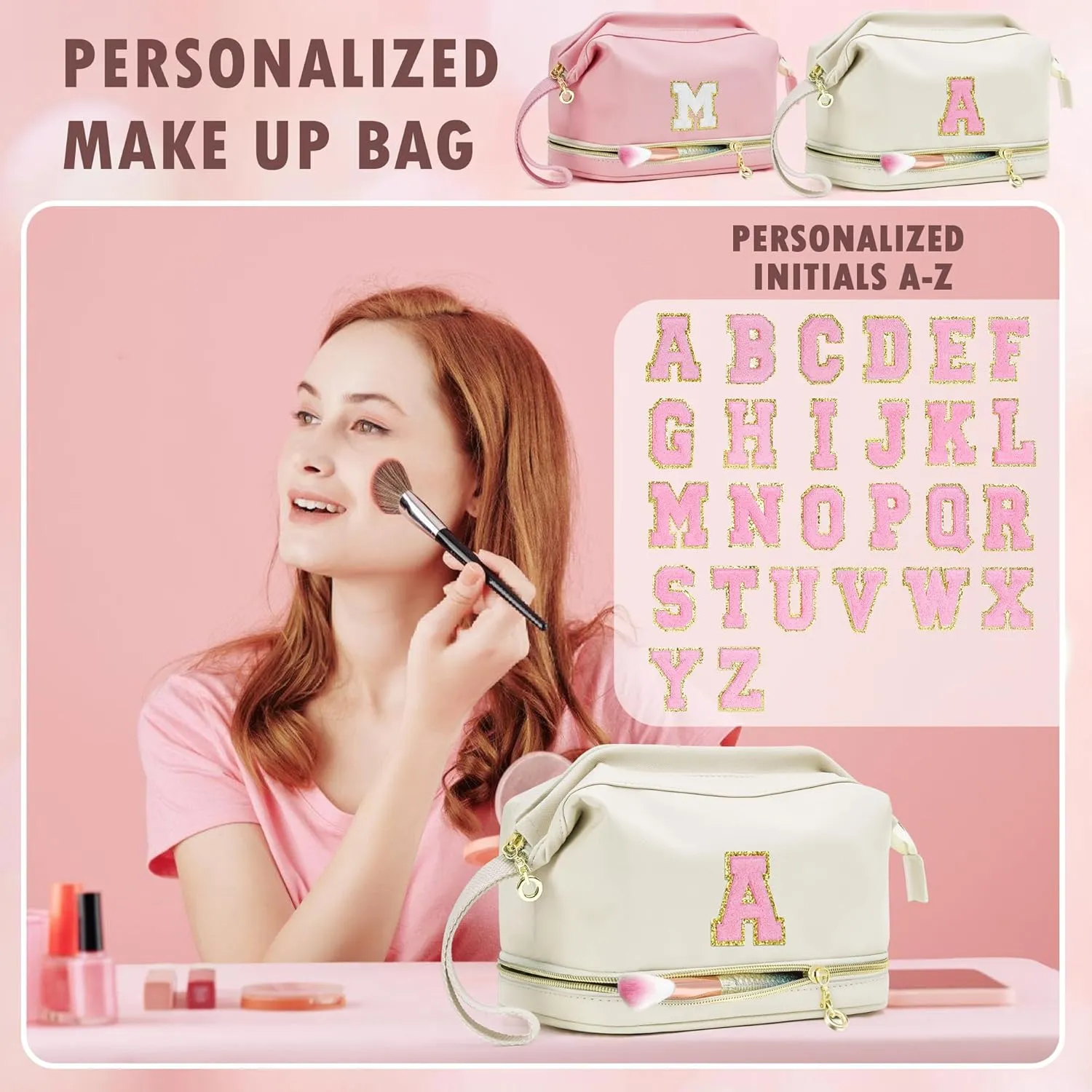 Graduation Gifts, Initial Makeup Bag, Double Layer Cosmetic Bag, Large Capacity Portable Travel Toiletry Bag, Waterproof Make Up Bag, Personalized Gifts for Teen Girls Bridesmaid Friends-B