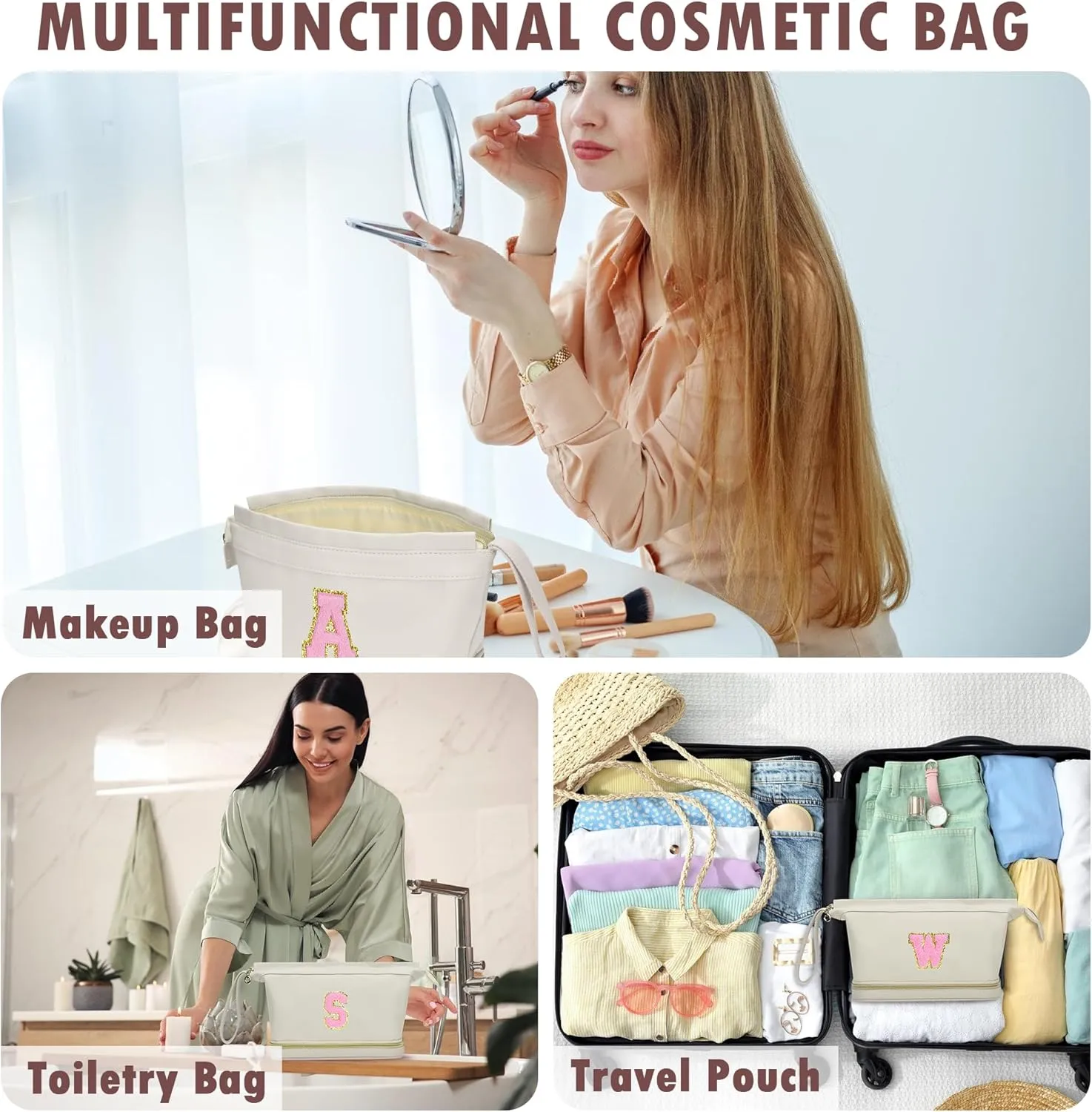 Graduation Gifts, Initial Makeup Bag, Double Layer Cosmetic Bag, Large Capacity Portable Travel Toiletry Bag, Waterproof Make Up Bag, Personalized Gifts for Teen Girls Bridesmaid Friends-B