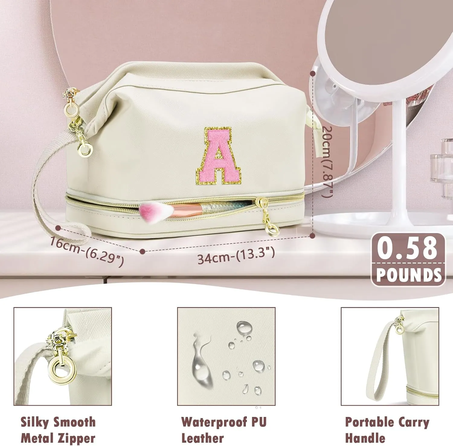 Graduation Gifts, Initial Makeup Bag, Double Layer Cosmetic Bag, Large Capacity Portable Travel Toiletry Bag, Waterproof Make Up Bag, Personalized Gifts for Teen Girls Bridesmaid Friends-B