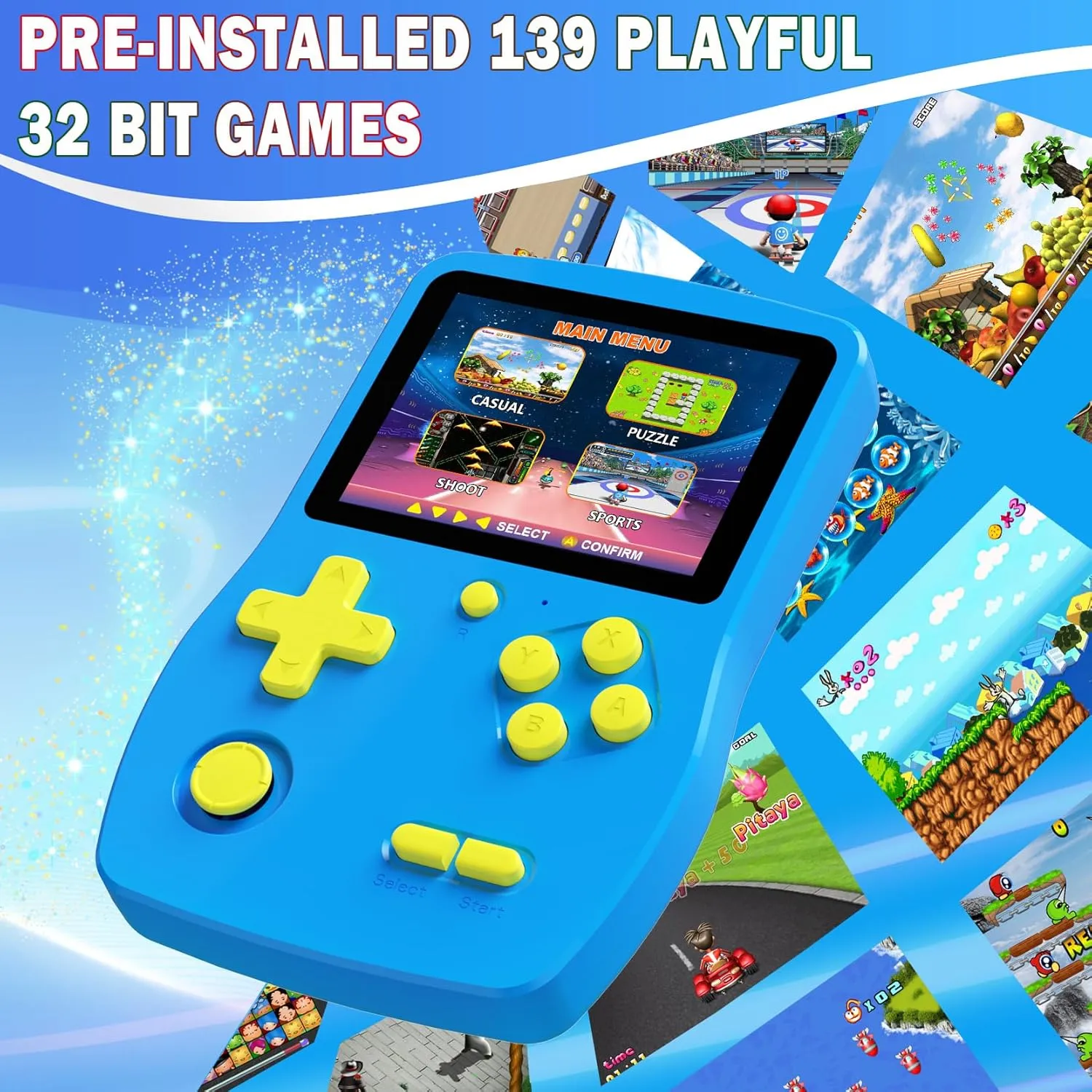 Great Boy 32 Bit Handheld Games Toys for Kids with 139 Video Games Boys Girls Children's 3.0 Inches IPS Screen Rechargeable Gaming Device Preschooler Party Easter Birthday Xmas Gift (Blue)