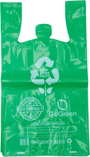 Green Reusable/Eco-Friendly LDPE T-Shirt - 1/6 BBL 12"X7"X22" - 150 Bags - 57 Micron (2.25 mil) - Green - GRNLD40REC225REU12722
