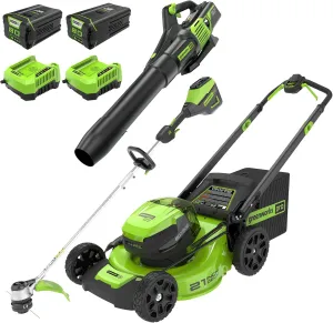 Greenworks 80V 21" Cordless Battery Push Lawn Mower,16" Cordless Battery String Trimmer & 730 CFM Leaf Blower,Combo Kit w/ (1) 4.0Ah Battery (1)2.5 Ah Battery and (2)Charger