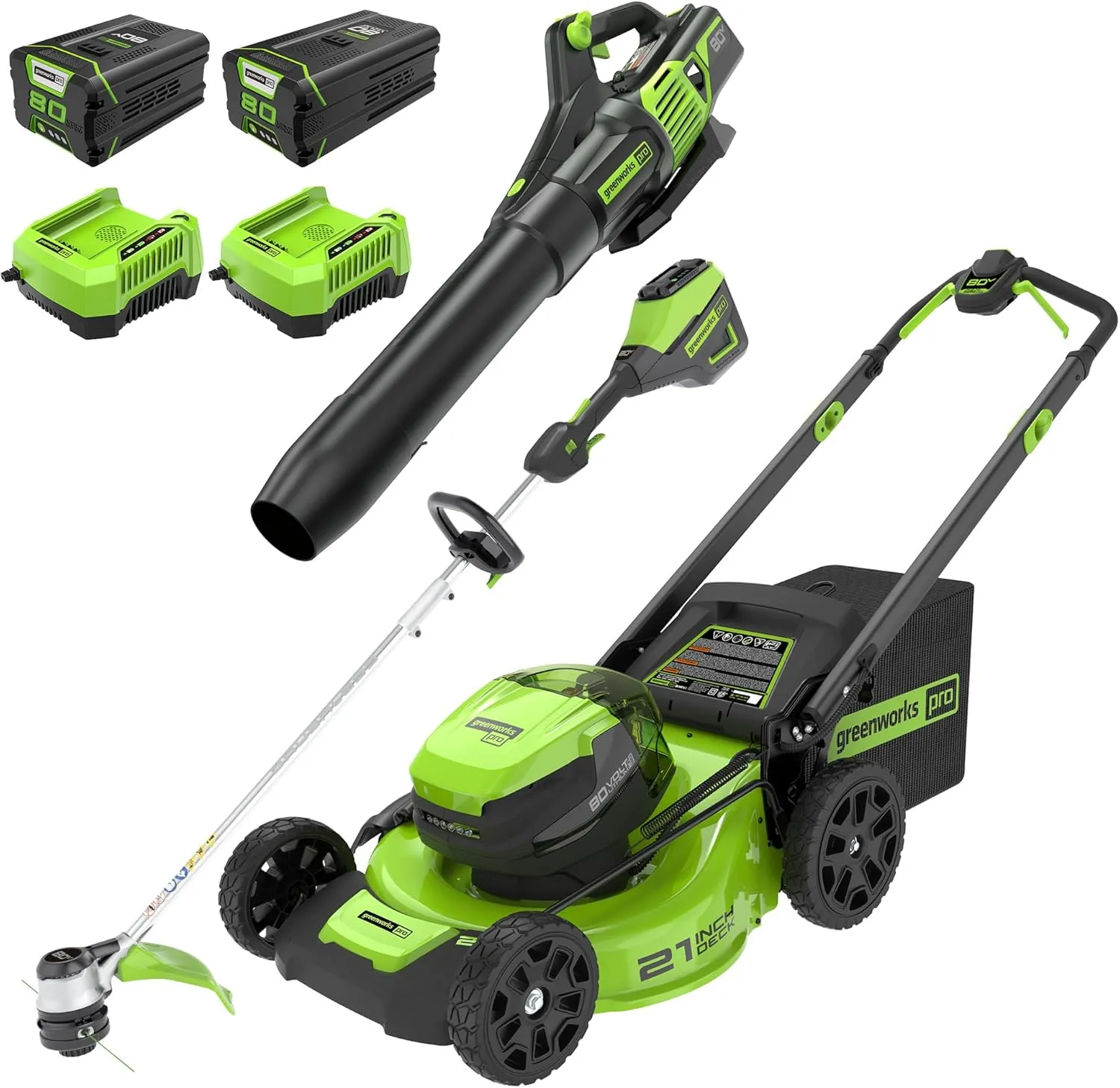 Greenworks 80V 21" Cordless Battery Push Lawn Mower,16" Cordless Battery String Trimmer & 730 CFM Leaf Blower,Combo Kit w/ (1) 4.0Ah Battery (1)2.5 Ah Battery and (2)Charger