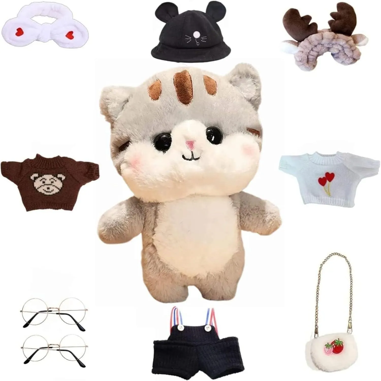Grey Cat Stuffed Animals Plush Toy with Removable Clothes Cute Soft Cat Plush Stuffed Gifts for Kids - 12 Inch ([9ACC] Cool Suits)