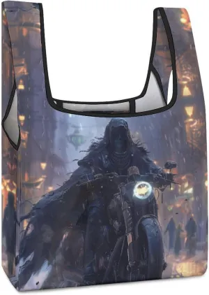 Grim Reaper Riding Motorcycle Goth Shopping Bag Reusable Grocery Tote Bag Foldable Handbag with Handle for Travel Picnic