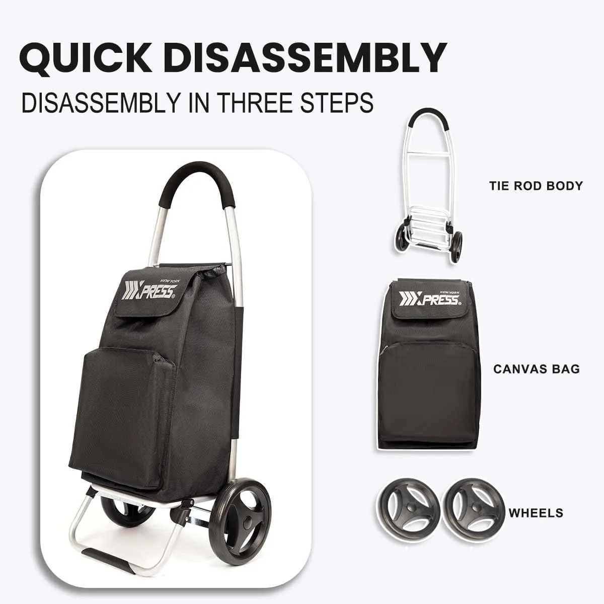 Grocery Cart on Wheels,Trolley Cart with Wheels,Shopping Cart Bags for Groceries Removable Wheels & Bag#Black
