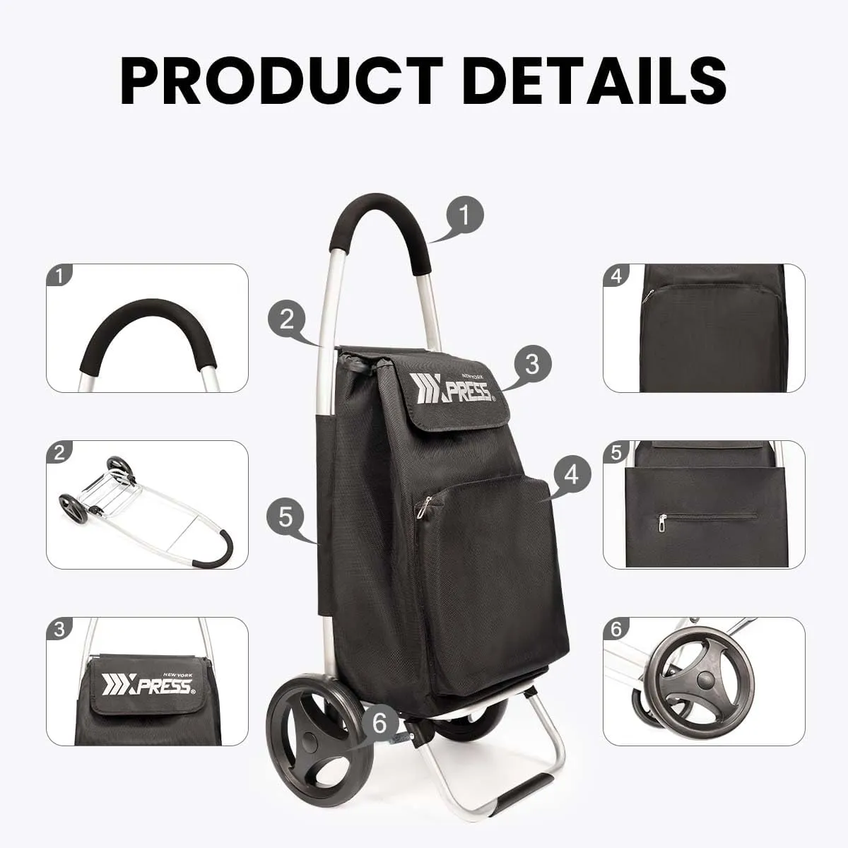 Grocery Cart on Wheels,Trolley Cart with Wheels,Shopping Cart Bags for Groceries Removable Wheels & Bag#Black