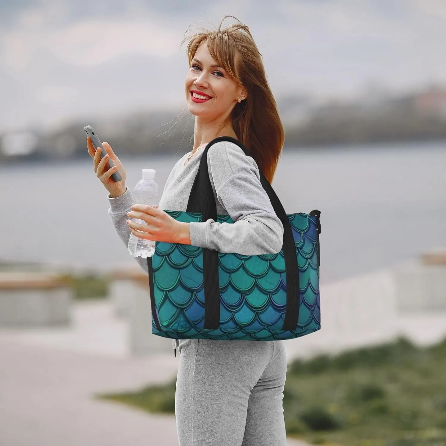 Gym Bag Mermaid Teal Fish Duffel Bag for Men Women Travel Overnight Bag with Shoe Compartment Workout Bags