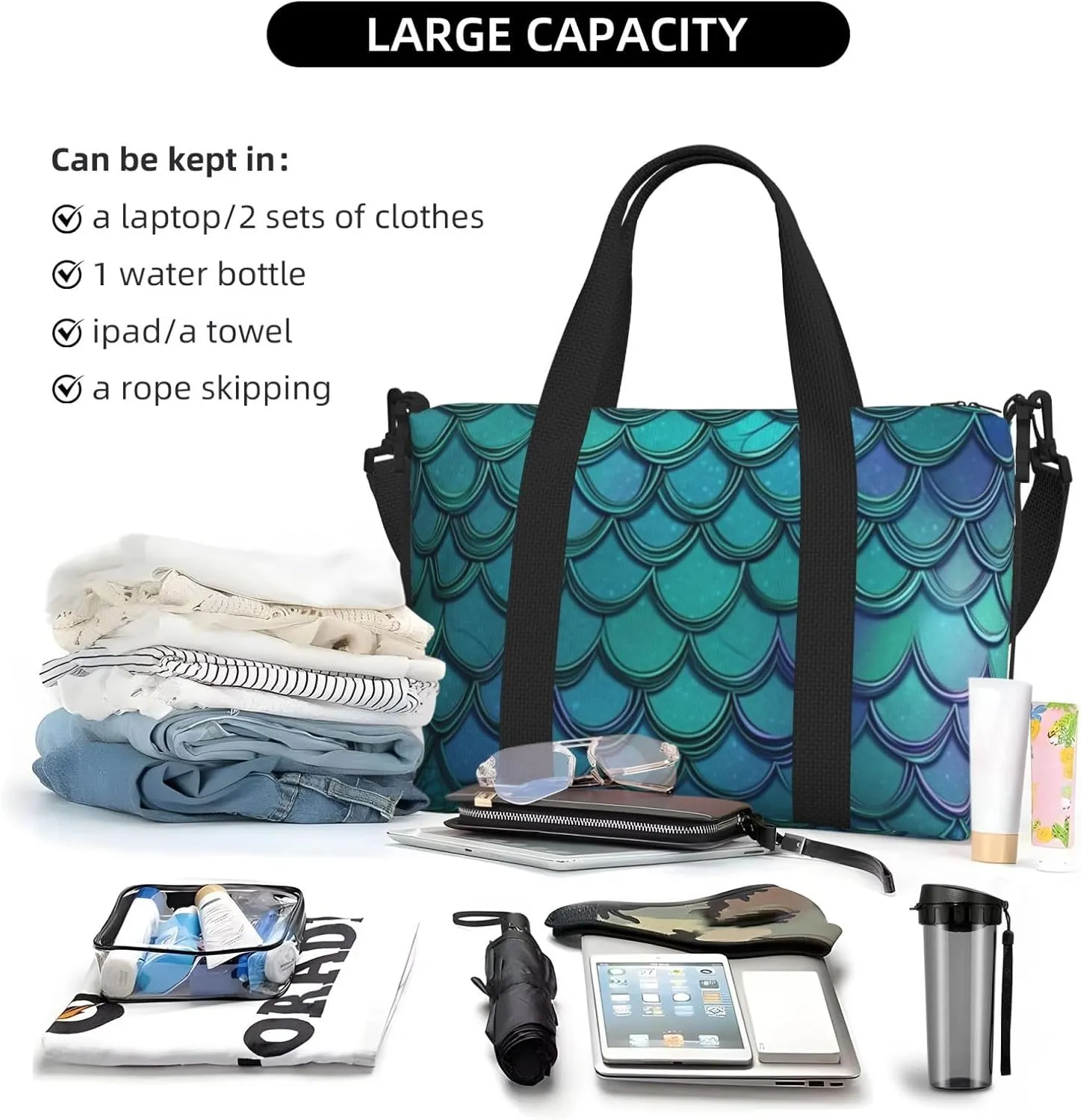 Gym Bag Mermaid Teal Fish Duffel Bag for Men Women Travel Overnight Bag with Shoe Compartment Workout Bags