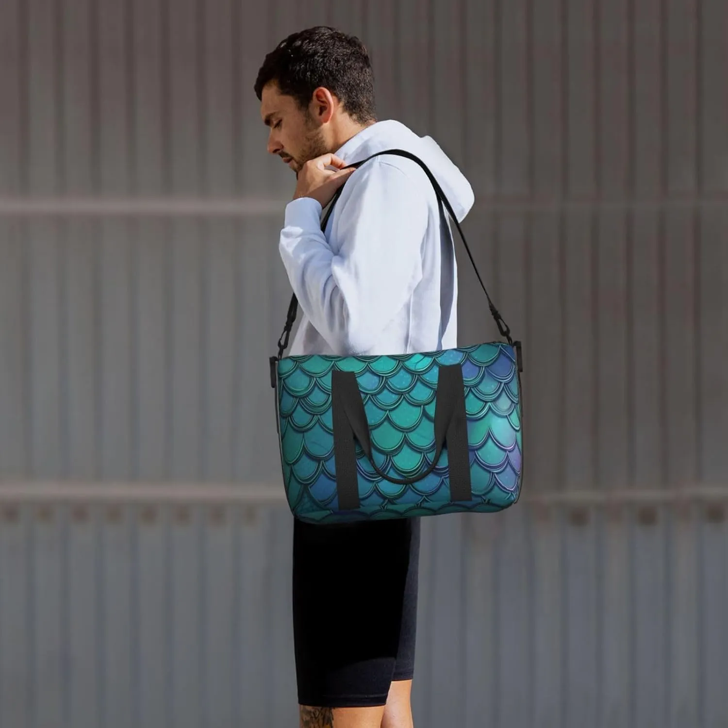 Gym Bag Mermaid Teal Fish Duffel Bag for Men Women Travel Overnight Bag with Shoe Compartment Workout Bags