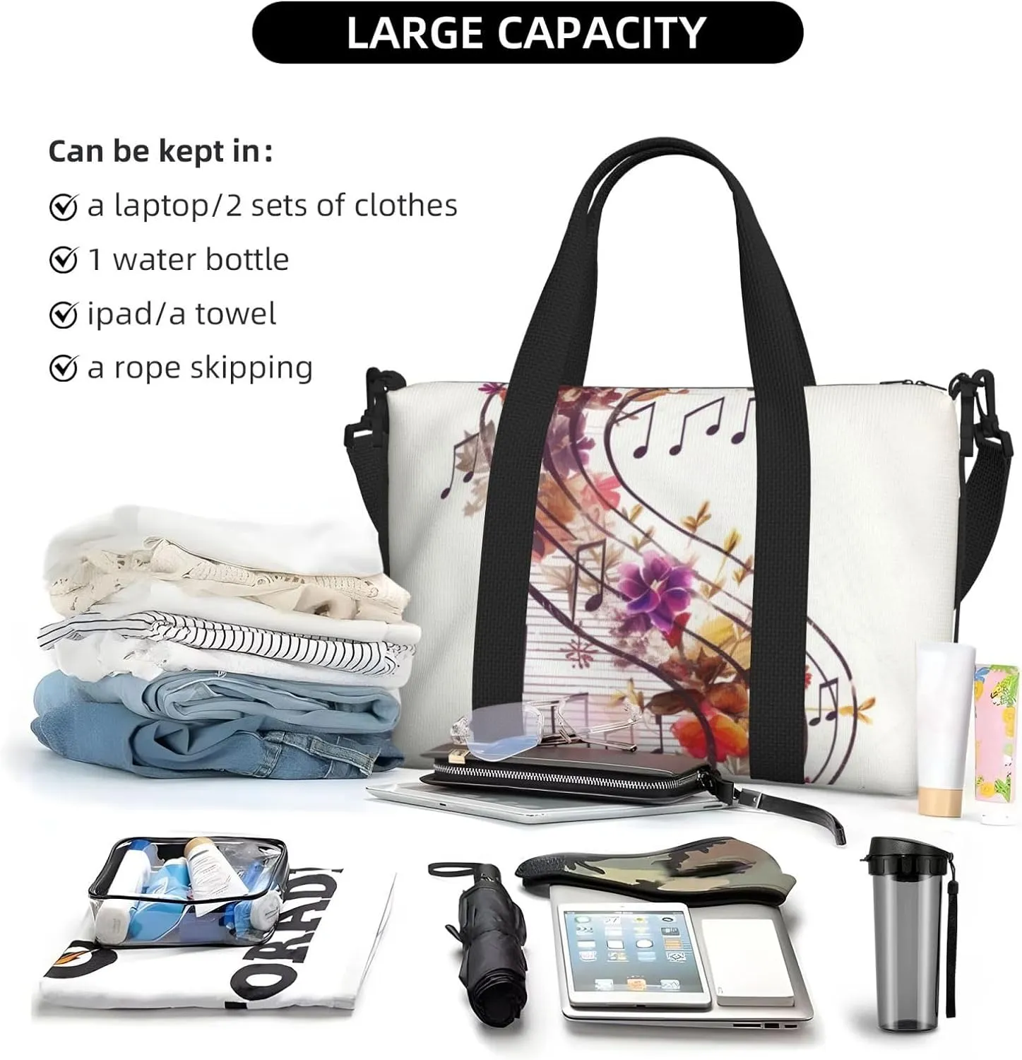 Gym Bag Musical Note Floral Duffel Bag for Men Women Travel Overnight Bag with Shoe Compartment Workout Bags