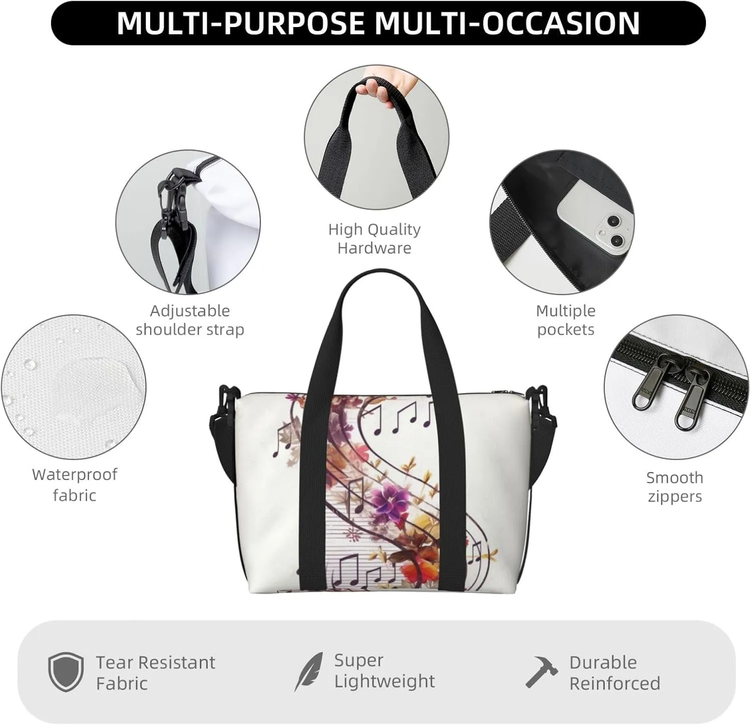 Gym Bag Musical Note Floral Duffel Bag for Men Women Travel Overnight Bag with Shoe Compartment Workout Bags