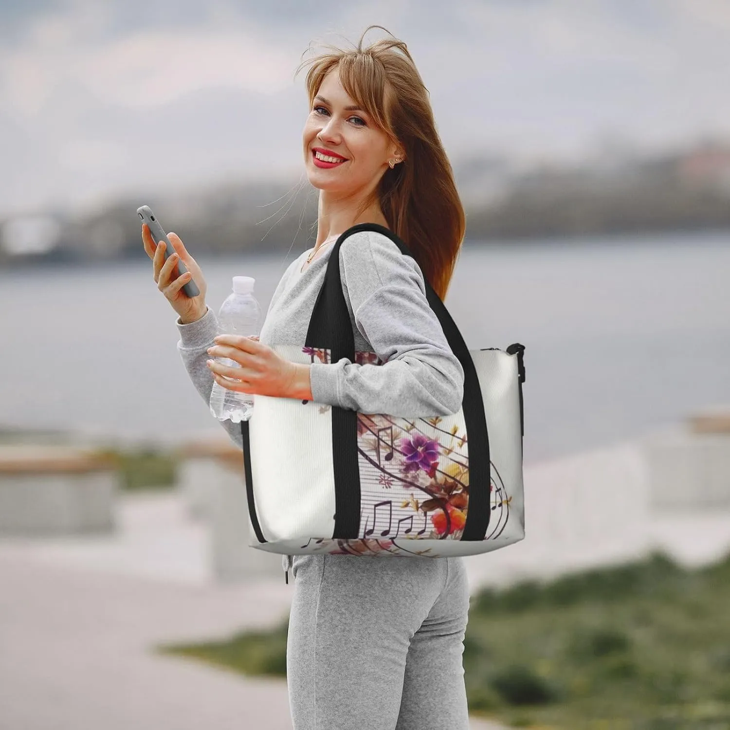 Gym Bag Musical Note Floral Duffel Bag for Men Women Travel Overnight Bag with Shoe Compartment Workout Bags