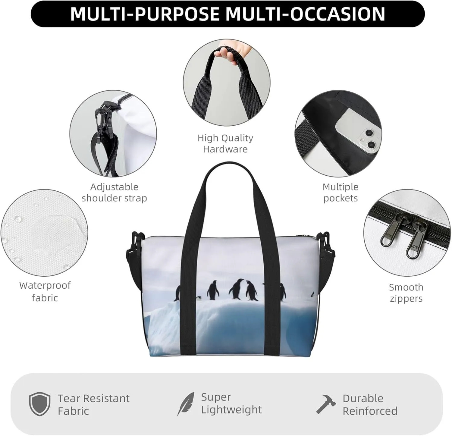Gym Bag Penguins on the Iceberg Duffel Bag for Men Women Travel Overnight Bag with Shoe Compartment Workout Bags