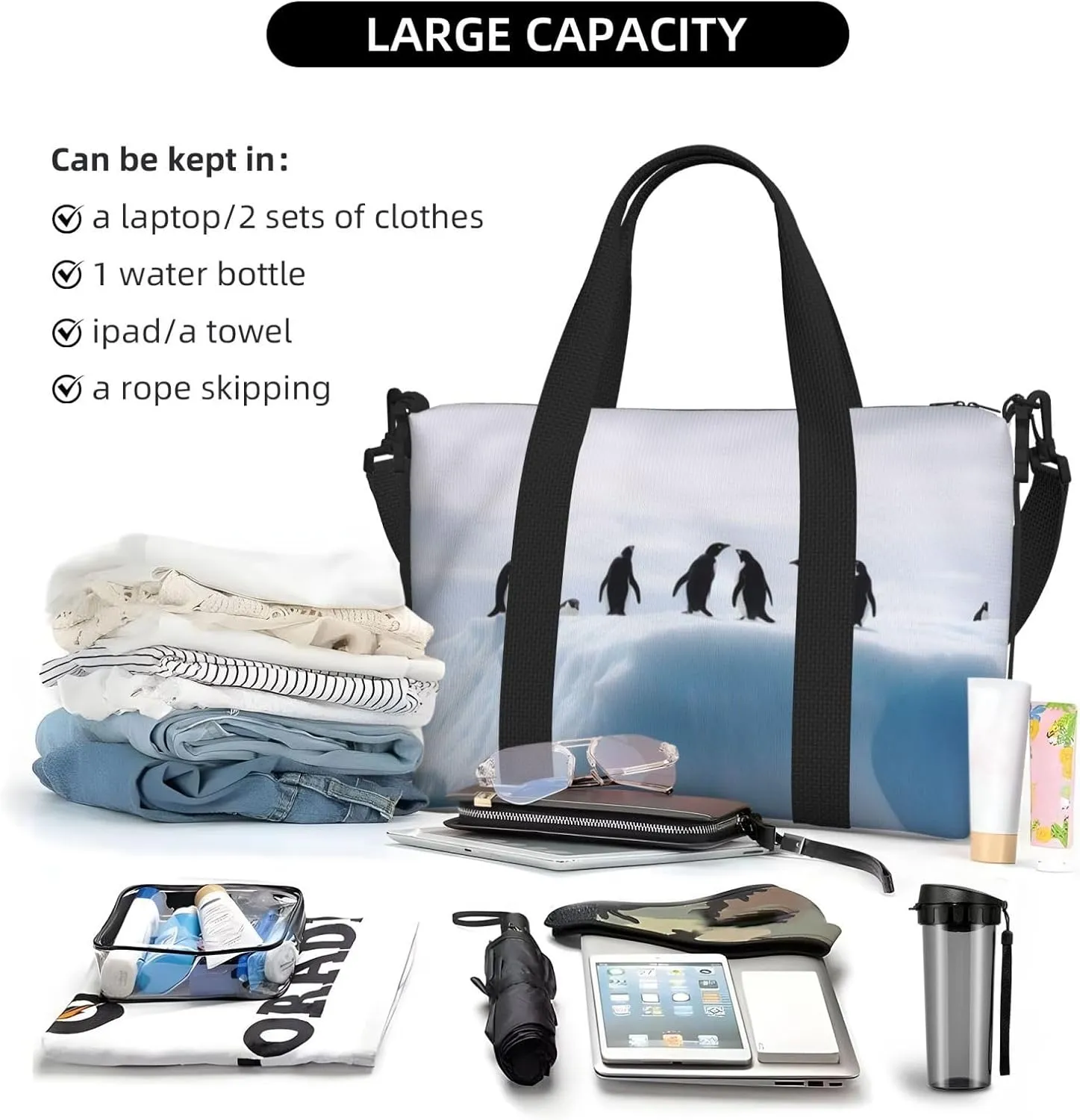 Gym Bag Penguins on the Iceberg Duffel Bag for Men Women Travel Overnight Bag with Shoe Compartment Workout Bags