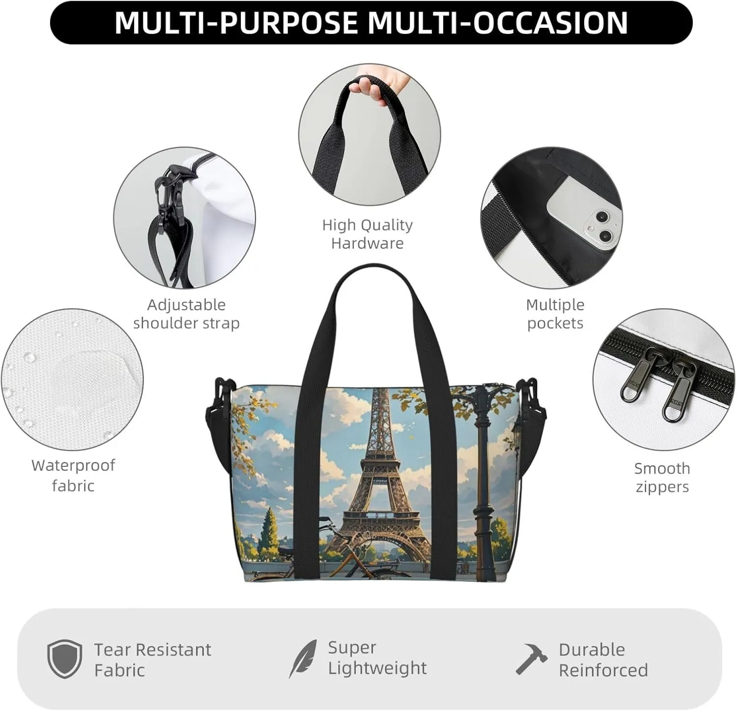 Gym Bag The Eiffel Tower and a Bicycle Duffel Bag for Men Women Travel Overnight Bag with Shoe Compartment Workout Bags