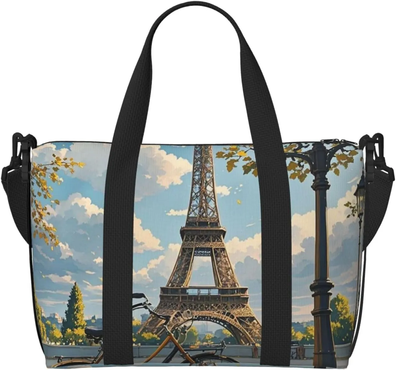 Gym Bag The Eiffel Tower and a Bicycle Duffel Bag for Men Women Travel Overnight Bag with Shoe Compartment Workout Bags